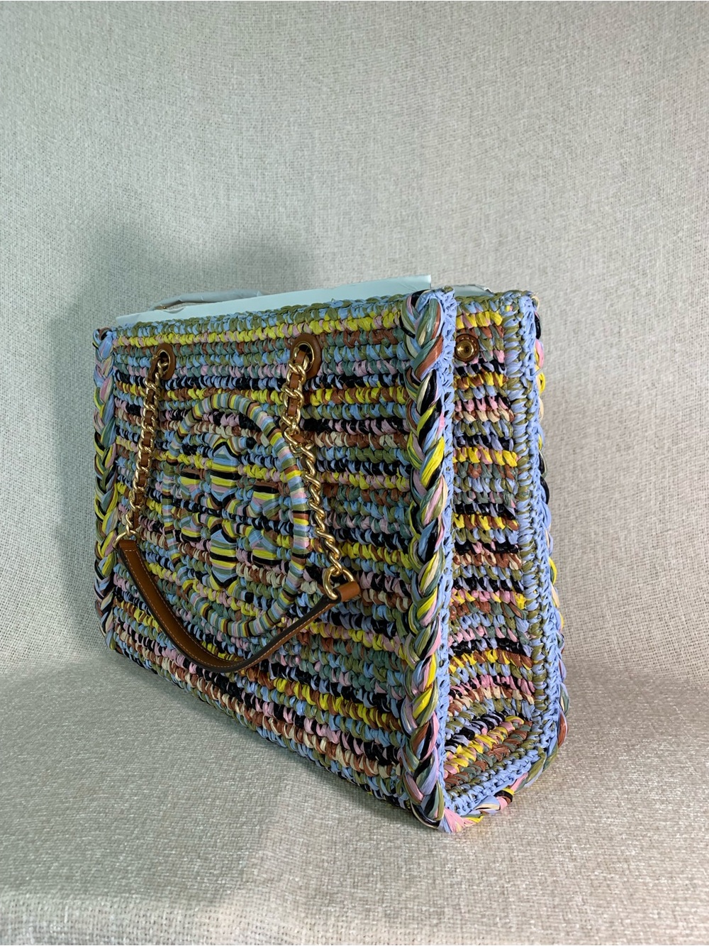 Tory Burch Ella Raffia Melange Multicolor Small Chain Tote - Picture 4 of 16